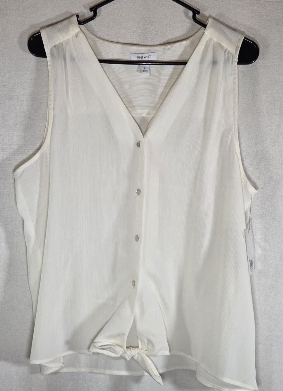 Nine West Ivory Chiffon Sleeveless V-Neck Blouse Button Front Tie Waist Top L